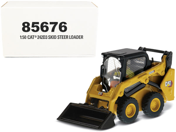 CAT Caterpillar 242D3 Wheeled Skid Steer Loader with Work Tools and Operator Yellow High Line Series 1/50 Diecast Model by Diecast Masters