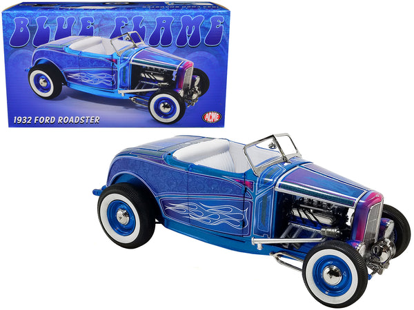 1932 Ford Roadster Hot Rod Blue Metallic with Flames and White Interior Limited Edition to 468 pieces Worldwide 1/18 Diecast Model Car by ACME
