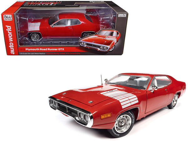 1972 Plymouth Road Runner GTX Rallye Red with White Stripes and Interior "American Muscle" Series 1/18 Diecast Model Car by Autoworld