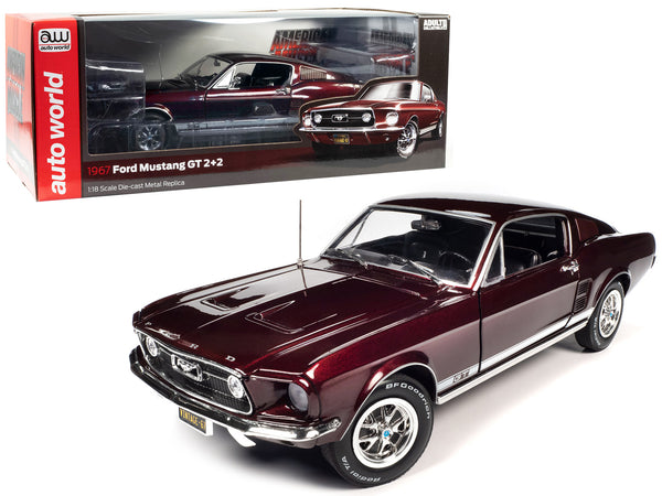 1967 Ford Mustang GT 2+2 Burgundy Metallic with White Side Stripes "American Muscle" Series 1/18 Diecast Model Car by Autoworld