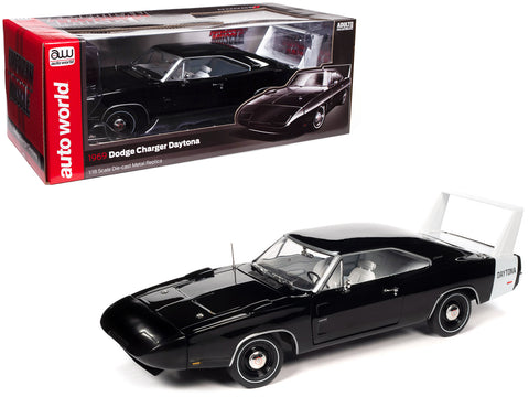 1969 Dodge Charger Daytona X9 Black with White Interior and Tail Stripe "American Muscle" Series 1/18 Diecast Model Car by Autoworld