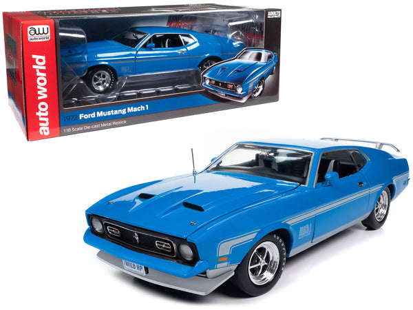 1972 Ford Mustang Mach 1 Grabber Blue with Silver Stripes "American Muscle" Series 1/18 Diecast Model Car by Autoworld