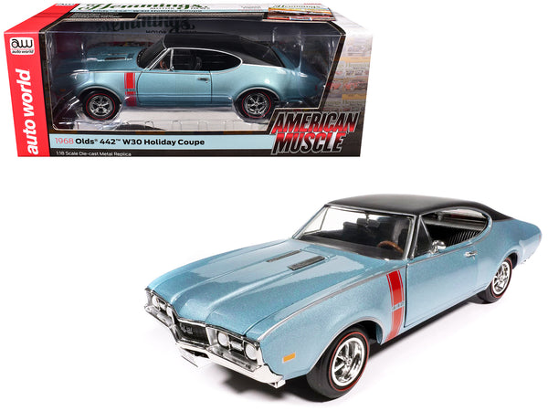 1968 Oldsmobile 442 W30 Holiday Coupe Teal Frost Metallic with Red Stripes and Black Vinyl Top "Hemmings Motor News July 2023 Cover Car" "American Muscle" Series 1/18 Diecast Model Car by Autoworld