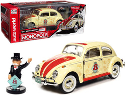 1963 Volkswagen Beetle Yukon Yellow with "Monopoly" Graphics "Free Parking" and Mr. Monopoly Resin Figure 1/18 Diecast Model Car by Autoworld