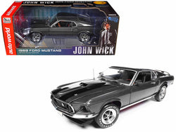 1969 Ford Mustang Dark Gray Metallic with Black Stripes "John Wick" (2014) Movie "Silver Screen Machines" Series 1/18 Diecast Model Car by Autoworld