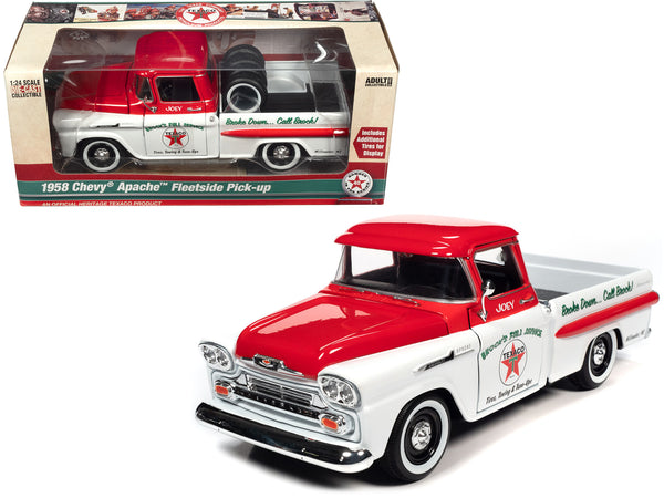 1958 Chevrolet Apache Fleetside Pickup Truck White and Red "Brock's Full Service - Texaco" with Tires in Truck Bed 1/24 Diecast Model Car by Autoworld