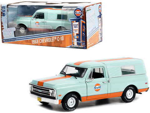 1968 Chevrolet C-10 Pickup Truck Light Blue with Orange Stripes with Camper Shell "Gulf Oil" "Running on Empty" Series #5 1/24 Diecast Model by Greenlight