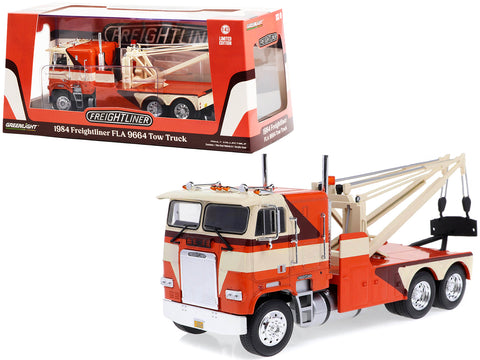 1984 Freightliner FLA 9664 Tow Truck Orange and White with Brown Graphics 1/43 Diecast Model by Greenlight