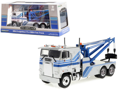 1984 Freightliner FLA 9664 Tow Truck Silver with Blue Stripes 1/43 Diecast Model by Greenlight