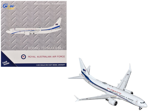 Boeing 737 MAX 8 BBJ Transport Aircraft "Royal Australian Air Force (RAAF)" (A62-002) White with Blue Stripes "Gemini Macs" Series 1/400 Diecast Model Airplane by GeminiJets