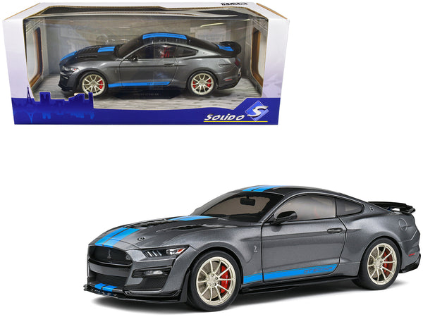 2022 Ford Mustang Shelby GT500 KR Dark Silver Metallic with Blue Stripes 1/18 Diecast Model Car by Solido
