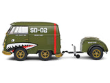 1950 Volkswagen Kool Kombi Van with Trailer "Army Fighter" Green with Graphics 1/18 Diecast Model by Solido