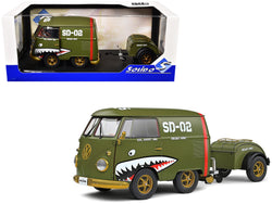 1950 Volkswagen Kool Kombi Van with Trailer "Army Fighter" Green with Graphics 1/18 Diecast Model by Solido