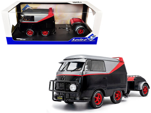 2024 Volkswagen Kool Kombi Sport Van with Trailer - Black and Silver with Red Stripe 1/18 Diecast Model by Solido