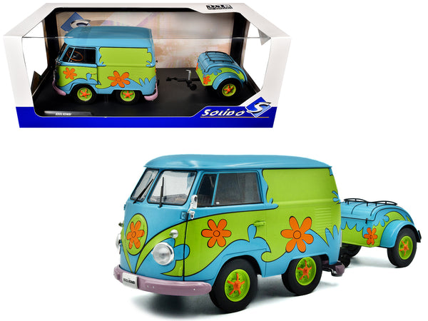 Volkswagen Kool Kombi Van with Trailer "Ghost Hunter" Blue and Green with Graphics 1/18 Diecast Model by Solido