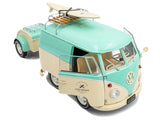 Volkswagen Cool Combi Van with Trailer "Long Beach Surfing Club" Mint Green and Cream with Roof Rack and Surfboard 1/18 Diecast Model by Solido