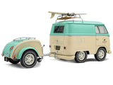Volkswagen Cool Combi Van with Trailer "Long Beach Surfing Club" Mint Green and Cream with Roof Rack and Surfboard 1/18 Diecast Model by Solido