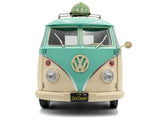 Volkswagen Cool Combi Van with Trailer "Long Beach Surfing Club" Mint Green and Cream with Roof Rack and Surfboard 1/18 Diecast Model by Solido