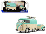 Volkswagen Cool Combi Van with Trailer "Long Beach Surfing Club" Mint Green and Cream with Roof Rack and Surfboard 1/18 Diecast Model by Solido