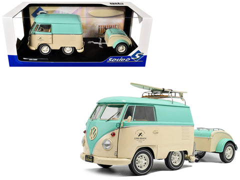 Volkswagen Cool Combi Van with Trailer "Long Beach Surfing Club" Mint Green and Cream with Roof Rack and Surfboard 1/18 Diecast Model by Solido