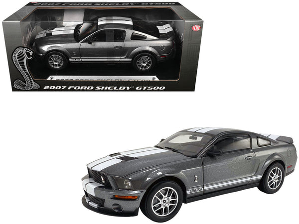 2007 Ford Shelby GT500 Alloy Gray Metallic with White Stripes "Shelby Collectibles" Series 1/18 Diecast Model Car by ACME