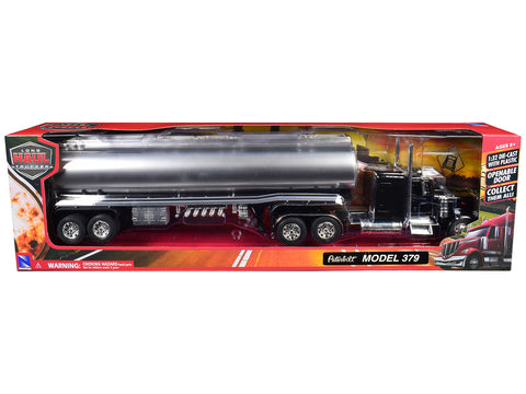 Peterbilt 379 Truck Black with Tanker Trailer Silver "Long Haul Truckers" Series 1/32 Diecast Model by New Ray