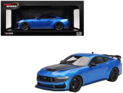 2024 Ford Mustang Dark Horse Grabber Blue Metallic with Black Hood Stripes 1/18 Model Car by Top Speed