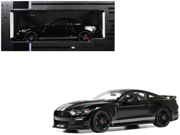2022 Ford Mustang Shelby GT500 Black with Silver Stripes 1/18 Diecast Model Car by IXO Models