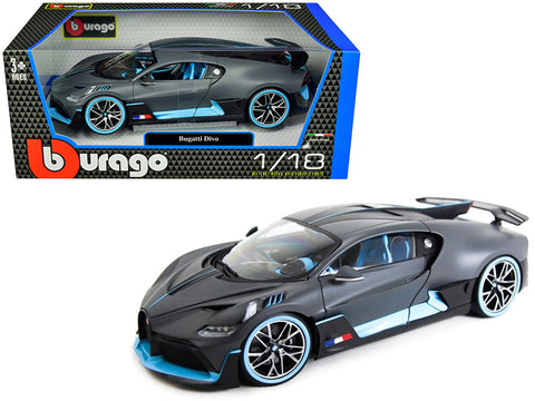 Bugatti Divo Matte Gray with Blue Accents 1/18 Diecast Model Car by Bburago