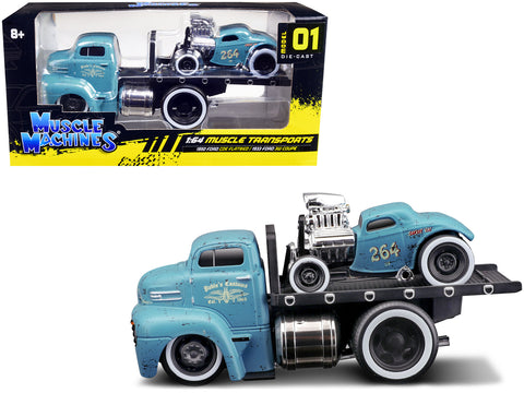 1950 Ford COE Flatbed Truck and 1933 Ford 3W Coupe #264 Matte Light Blue with Graphics (Weathered) "Pablo's Customs" "Muscle Transports" Series 1/64 Diecast Model Cars by Muscle Machines
