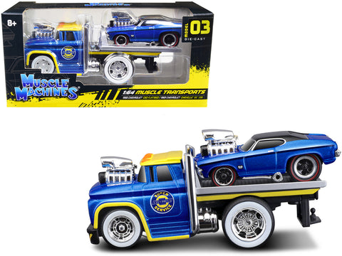 1966 Chevrolet C60 Flatbed Truck Dark Blue Metallic with Yellow Top and 1969 Chevrolet Chevelle SS 396 Dark Blue Metallic with Black Top "Chevrolet Super Service" "Muscle Transports" Series Diecast Models by Muscle Machines