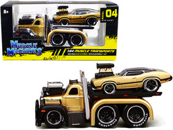 1953 Mack B-61 Flatbed Truck Gold and 1970 Oldsmobile 442 Gold with Black Top and Stripes "Muscle Transports" 1/64 Diecast Models by Muscle Machines