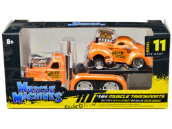 1953 Mack B-61 Flatbed Truck #717 and 1941 Willys Coupe Gasser #717 Orange Metallic "Mueller's Express" "Muscle Transports" Series 1/64 Diecast Models by Muscle Machines
