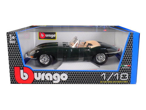 1961 Jaguar E Type Convertible Green 1/18 Diecast Model Car by Bburago