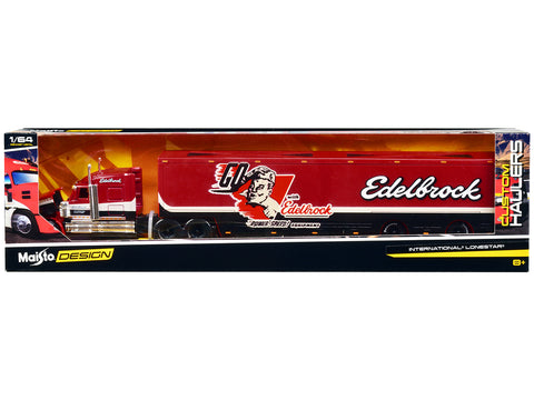 International LoneStar Enclosed Car Transporter "Edelbrock" Red with Black and White Stripes "Custom Haulers" Series 1/64 Diecast Model by Maisto