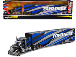 International LoneStar Enclosed Car Transporter "Toyo Tires" Black with Blue and Gray Stripes "Custom Haulers" Series 1/64 Diecast Model by Maisto