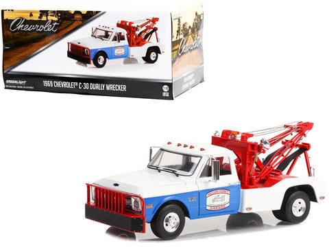 1969 Chevrolet C-30 Dually Wrecker Tow Truck White and Blue "Hazzard County Garage" 1/18 Diecast Model by Greenlight