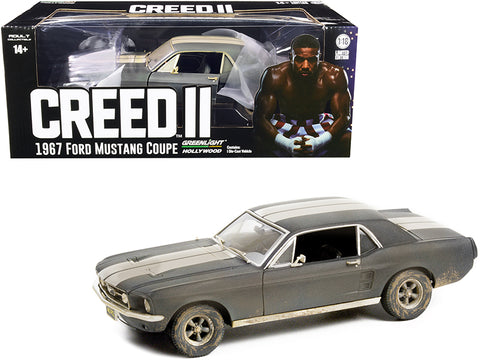 1967 Ford Mustang Coupe Matte Black with White Stripes (Weathered) (Adonis Creed's) "Creed II" (2018) Movie 1/18 Diecast Model Car by Greenlight