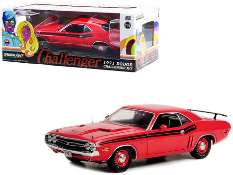 1971 Dodge Challenger R/T Bright Red with Black Stripes 1/18 Diecast Model Car by Greenlight
