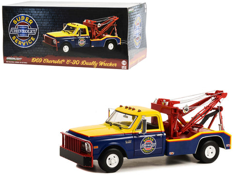 1969 Chevrolet C-30 Dually Wrecker Tow Truck "Chevrolet Super Service" Yellow and Blue 1/18 Diecast Model by Greenlight