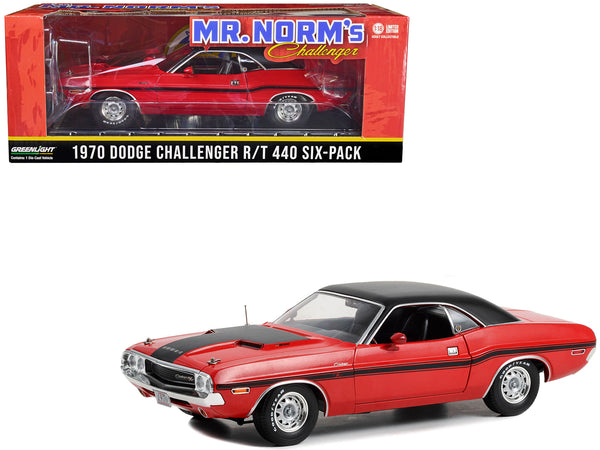 1970 Dodge Challenger R/T 440 Six-Pack Red with Black Stripes and Top "Real Mr. Norm's Challenger - Mr. Norm's Grand Spaulding Dodge" 1/18 Diecast Model Car by Greenlight