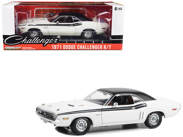 1971 Dodge Challenger R/T Bright White with Black Stripes and Top 1/18 Diecast Model Car by Greenlight
