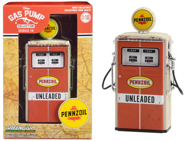 1954 Tokheim 350 Twin Gas Pump "Pennzoil Unleaded" Orange and Beige (Weathered) "Vintage Gas Pumps" Series #14 1/18 Diecast Replica by Greenlight