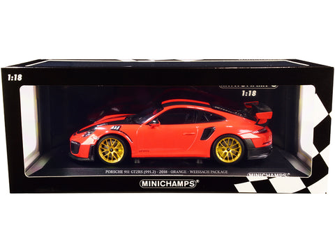 2018 Porsche 911 GT2RS (991.2) Weissach Package Orange with Carbon Stripes and Golden Magnesium Wheels Limited Edition to 300 pieces Worldwide 1/18 Diecast Model Car by Minichamps