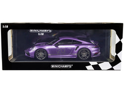 2021 Porsche 911 Turbo S with SportDesign Package #20 Viola Purple Metallic with Silver Stripes Limited Edition to 504 pieces Worldwide 1/18 Diecast Model Car by Minichamps