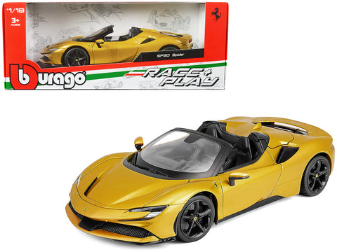 Ferrari SF90 Spider Gold Metallic "Race + Play" Series 1/18 Diecast Model Car by Bburago