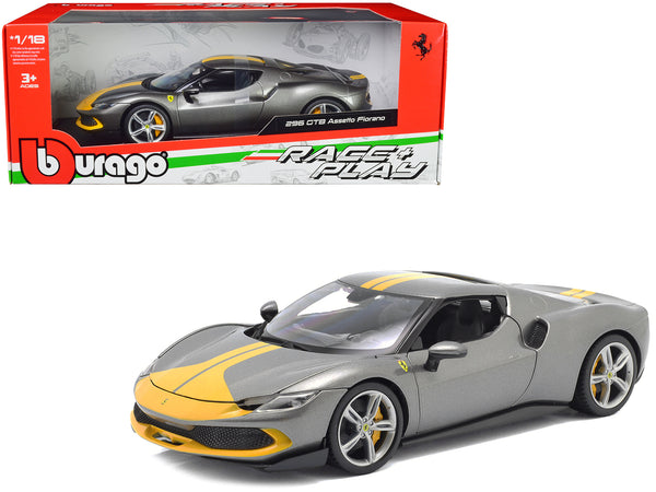 Ferrari 296 GTB Assetto Fiorano Gray Metallic with Yellow Stripes "Race + Play" Series 1/18 Diecast Model Car by Bburago