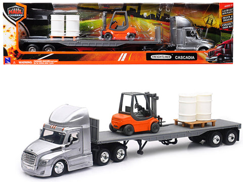 Freightliner Cascadia Silver with Flatbed Hauling Forklift, Pallet, and Barrels "Long Haul Trucker" 1/43 Diecast Model by New Ray