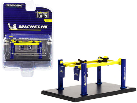Adjustable Four-Post Lift "Michelin" Blue and Bright Yellow "Four-Post Lifts" Series #3 1/64 Diecast Model by Greenlight