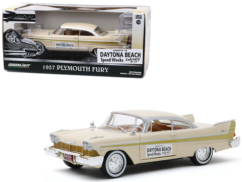1957 Plymouth Fury Cream with Gold Stripes "Daytona Beach Speed Weeks" February 3-17 (1957) 1/24 Diecast Model Car by Greenlight